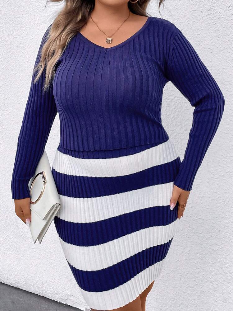 Plus Striped Pattern Sweater & Knit Skirt Fall Cloth For Women