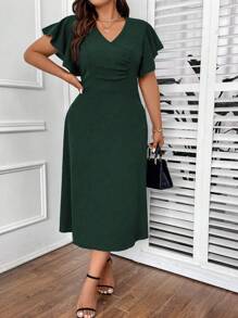 Celure Plus Solid Butterfly Sleeve A-line Dress - Dark Green - View 6