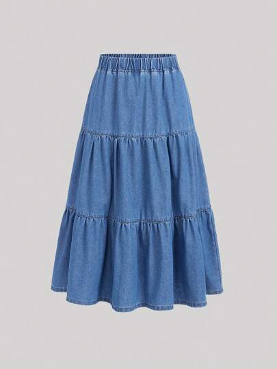 SHEIN Girlism Teen Girl Elastic Waist Ruffle Hem Denim Skirt