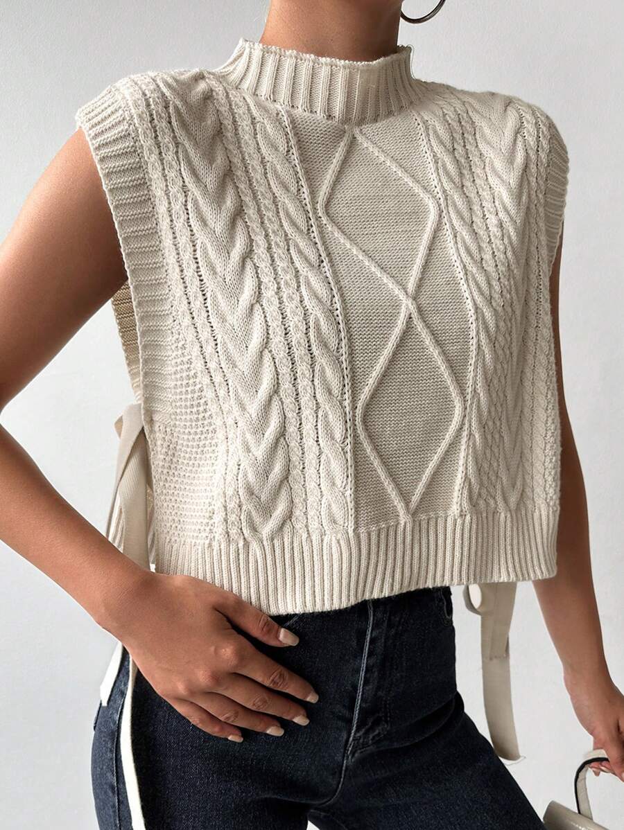 EURMUSE Mock Neck Knot Side Cable Knit Sweater Vest - Beige - View 1