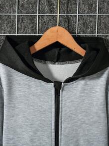 SHEIN Tween Boy Colorblock Kangaroo Pocket Hooded Sweatshirt - Grey - View 6