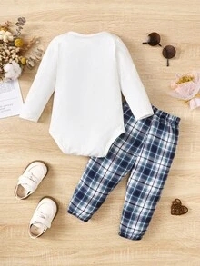 男嬰格紋前蝴蝶結連身背心和褲子