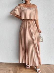 Chiquease Off Shoulder Pleated Dress - Apricot - View 3