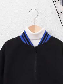 SHEIN Tween Boy Striped Trim Varsity Jacket Without Bag - Black - View 3