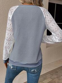 EMERY ROSE Contrast Lace Raglan Sleeve Sweatshirt,Long Sleeve Tops Graduation,Back To School Outfits,Graduation,Teacher Outfits For Women,Back To School Pullover Fall Outfit - Grey - View 2