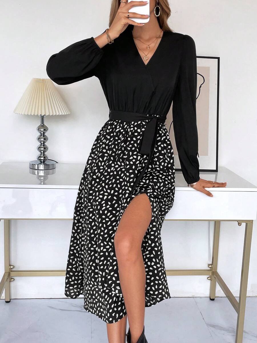 SHEIN Frenchy Dalmatian Print Belted Split Thigh Dress Winter Black Casual - Black - View 1