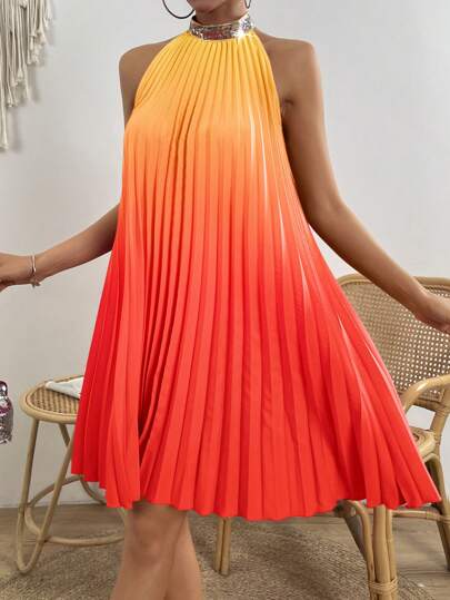 Breezaya Women Dresses Kontras Sequin Berlipat Ombre Casual