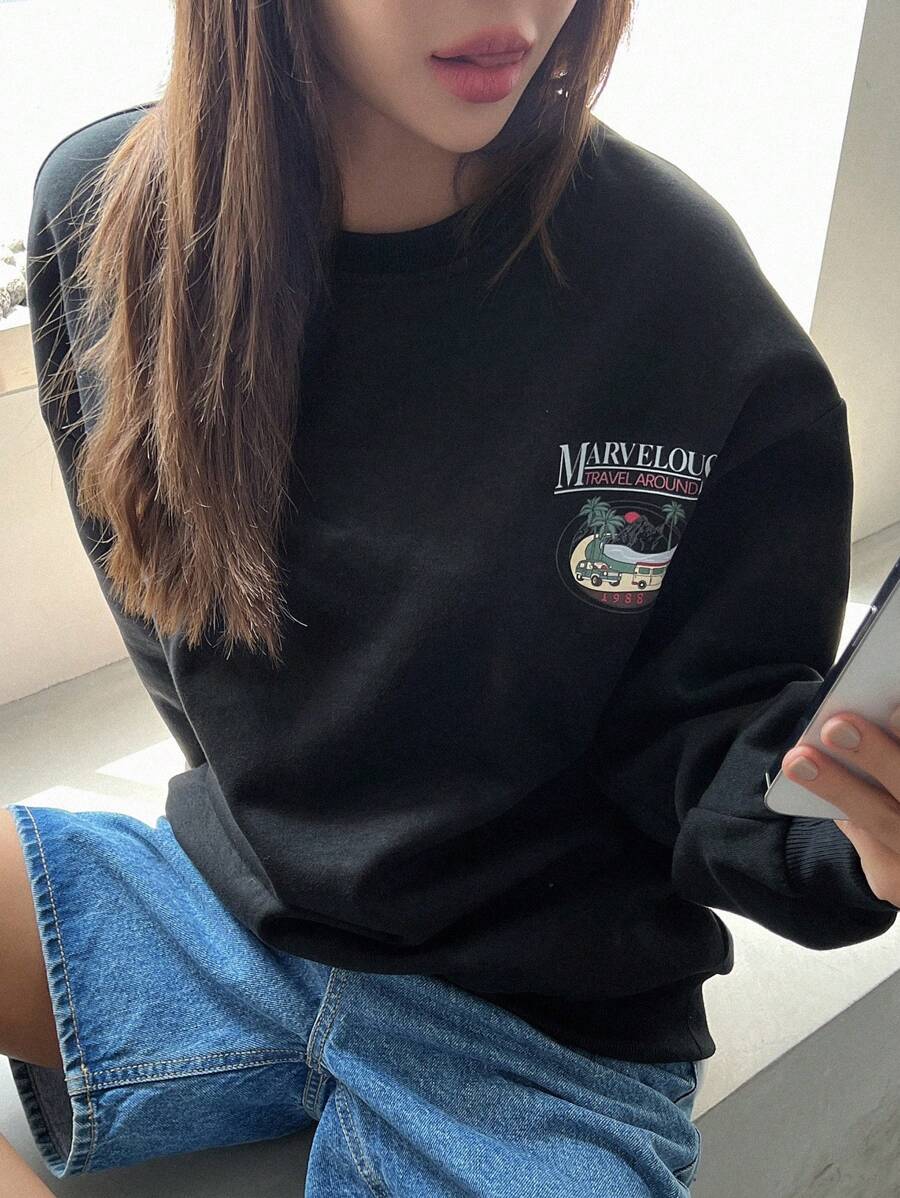 DAZY 標語和熱帶印花落肩袖套頭衫 - 黑色 - 查看 1