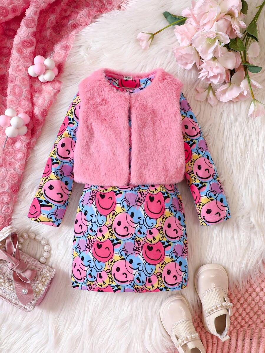 女嬰卡通圖案洋裝&絨毛夾克背心 - 彩色 - 查看 1