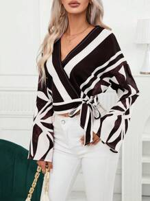 Aveloria Leaf Print Knot Side Wrap Blouse