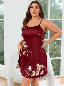 Plus Floral Print Lettuce Trim Cami Pajama Nightdress - Burgundy - View 3