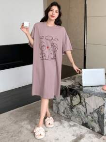 DAZY 卡通圖案落肩袖大碼休閒服洋裝 - 粉色 - 查看 5