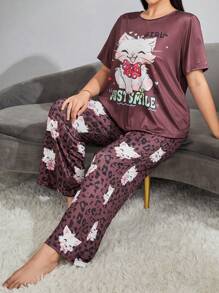 SHEIN Plus Cartoon & Letter Graphic Tee & Pants PJ Set / Pajama Set - Multicolor - View 3