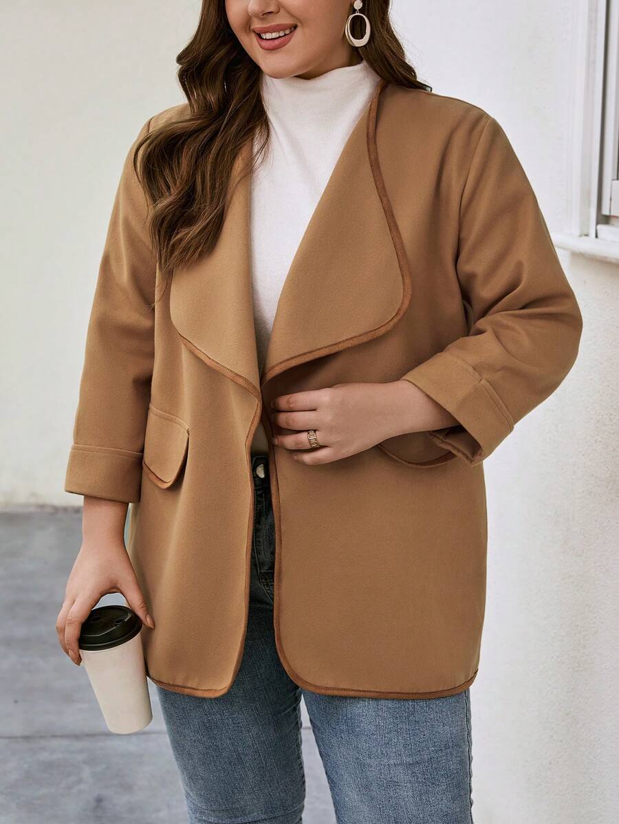 SHEIN LUNE 大碼撞色滾邊開門襟花呢外套 - 棕色 - 查看 1