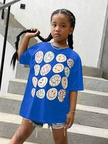 SHEIN Tween Girl Smile Face Cartoon Graphic Drop Shoulder Tee - Royal Blue - View 3