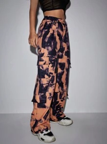 SHEIN Unity Tie Dye Flap Pocket Side Cargo Pants - Burnt Orange - View 4