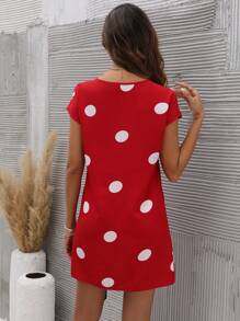 SHEIN LUNE Polka Dot Print Knot Side Notched Neckline Dress - Multicolor - View 2