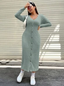 SHEIN EZwear Plus Button Through Ribbed Knit Dress - Mint Green - View 3