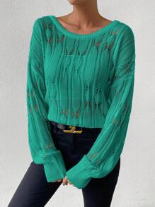 SHEIN Essnce Solid Drop Shoulder Pointelle Knit Sweater - Green - View 5