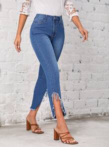 SHEIN LUNE Jeans ajustados ribete crudo - Azul - Ver 5