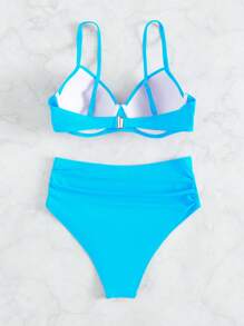 SHEIN Swim Summer Beach Plain Push Up Bikini Set - Blue - View 7