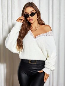 SHEIN Privé Áo len trễ vai viền ren - Màu be - Xem 2