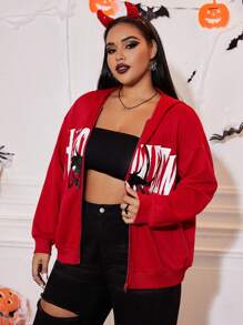 SHEIN EZwear Plus Letter Graphic Drop Shoulder Zip Up Hoodie - Red - View 1