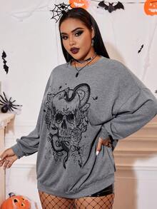 SHEIN EZwear Hơn In Đầu lâu Thả vai Áo nỉ - Màu Xám nhạt - Xem 3