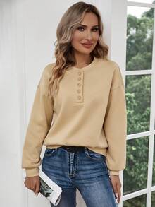 SHEIN LUNE 半排扣落肩袖運動衫 - 卡其色 - 查看 3