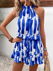 SHEIN VCAY In Bàn chải Áo hai dây & Xù Hoa Sen Quần short - Màu xanh lam - Xem 6