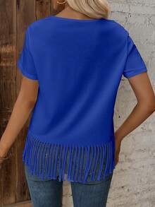 SHEIN LUNE Solid Fringe Hem Tee - Royal Blue - View 2