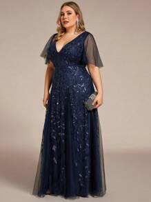 Plus Size Elegant Flounce Sleeve Sequin Formal Dresses Prom Evening Wedding Guest Gown, For Graduation, Dinner Party Dress - Navy Blue - View 5