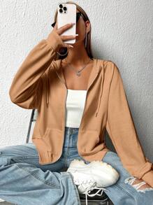 SHEIN EZwear Quần áo thể thao nữ Túi Dây kéo màu trơn Giải trí - Màu Khaki - Xem 5