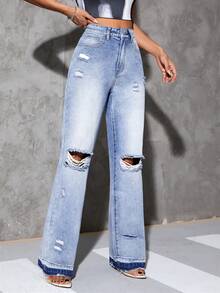 SHEIN Essnce Ripped Straight Leg Jeans - Medium Wash - View 5
