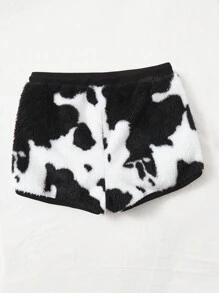 SHEIN EZwear Hơn In hoa bò Eo dây rút Teddy Quần short - Đen và trắng - Xem 2