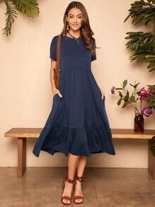 SHEIN LUNE Đầm ngắn tay màu trơn dáng casual dành cho nữ. - Màu xanh hải quân - Xem 4