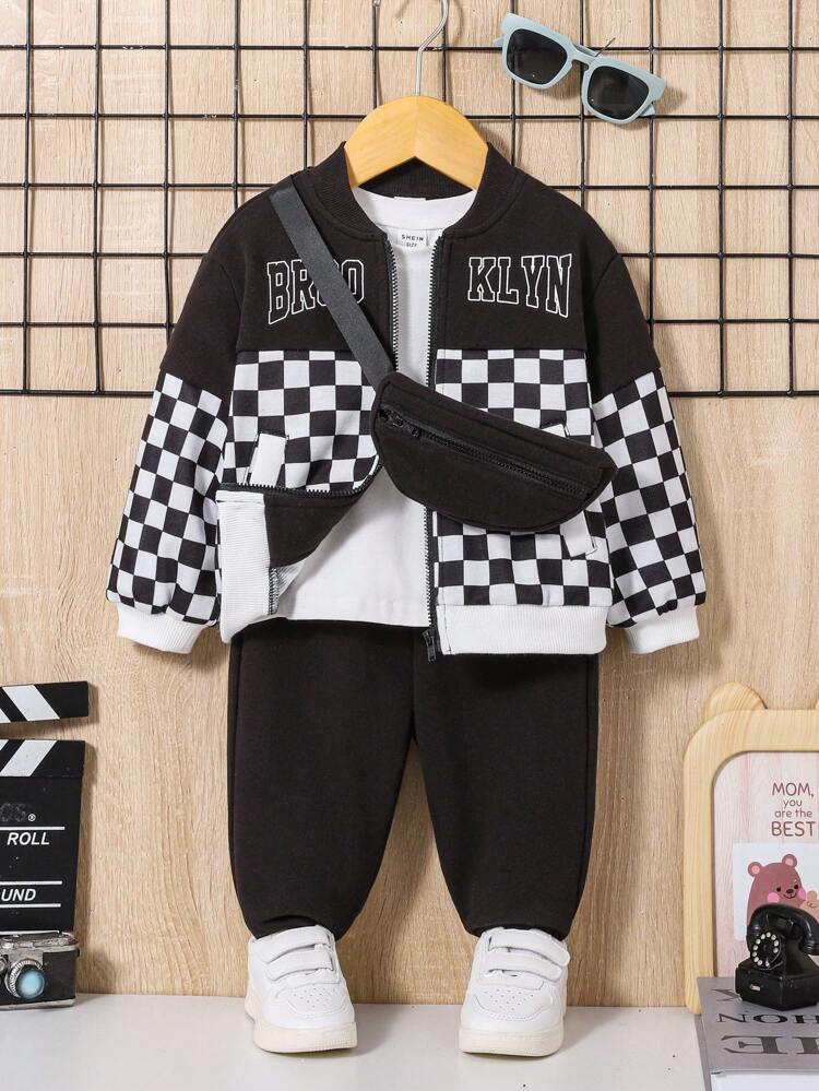 Baby Girl 3Pcs/Set Casual Plaid Patchwork Coat, Long Pants And Bag Set