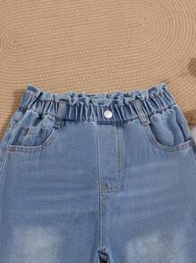 SHEIN 女大童紙袋腰反摺褲腳直筒牛仔褲 - 中等水洗藍 - 查看 3