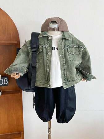 Young Boy Flap Pocket Drop Shoulder Denim Jacket