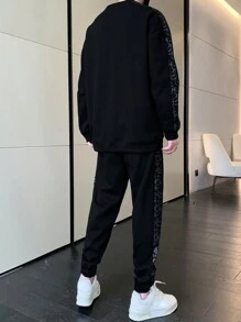 Men Paisley Print Drop Shoulder Sweatshirt & Sweatpants - Black - View 2