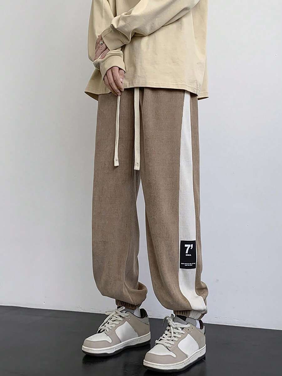 抽繩 貼布 口袋撞色 字母男士衛褲 - 咖啡棕 - 查看 1