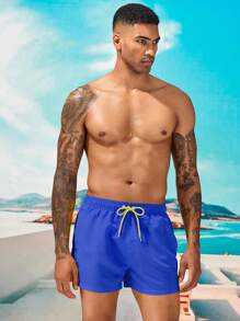 Manfinity Swimmode 男士腰部抽繩斜口袋短褲 - 藍色 - 查看 3