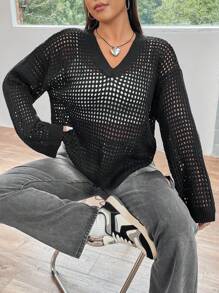 Flirla Hơn Thả vai Đan Mở Áo len Không có áo ngực - Màu xám đen - Xem 1