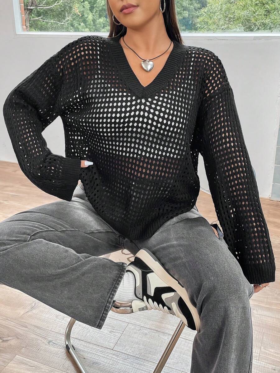 Flirla Hơn Thả vai Đan Mở Áo len Không có áo ngực - Màu xám đen - Xem 1