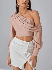 SHEIN Privé Cổ không đối xứng Chi tiết Ruched Áo sơ mi Crop - Hồng - Xem 6
