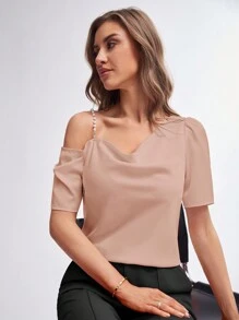 BizChic Pearls Beaded Asymmetrical Neck Blouse - Dusty Pink - View 8