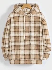 Manfinity RebelGame Men Plaid Pattern Drawstring Teddy Hoodie - Multicolor - View 1