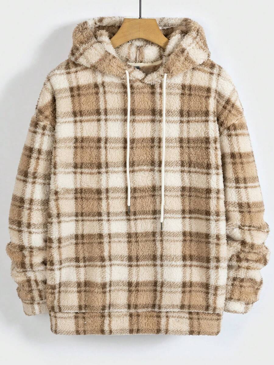 Manfinity RebelGame Men Plaid Pattern Drawstring Teddy Hoodie - Multicolor - View 1