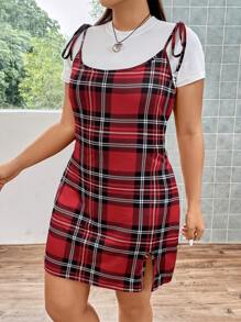 SHEIN ICON 大碼格紋印花肩上打結下擺開叉吊帶緊身洋裝不帶T恤 - 彩色 - 查看 4