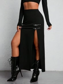 SHEIN PETITE Buckle Detail Split Thigh Summer Women Black Skirt - Black - View 5